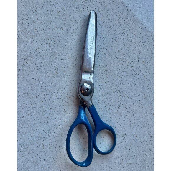 Vintage Metrology Stainless Steel Pinking Shears With Blue Handles - Picture 2 of 12